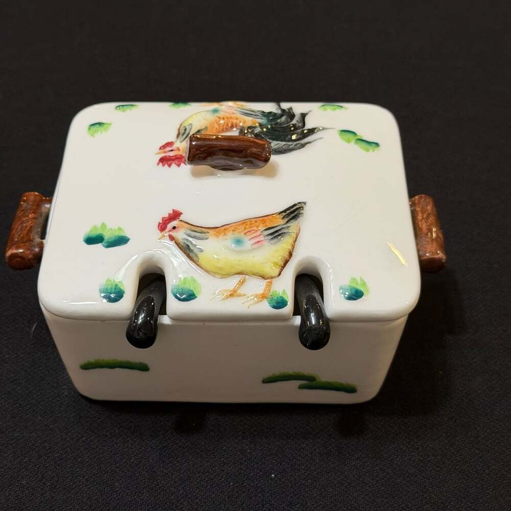 Vintage Hand Painted Japan Rooster Divided Condiment Dish with Spoons